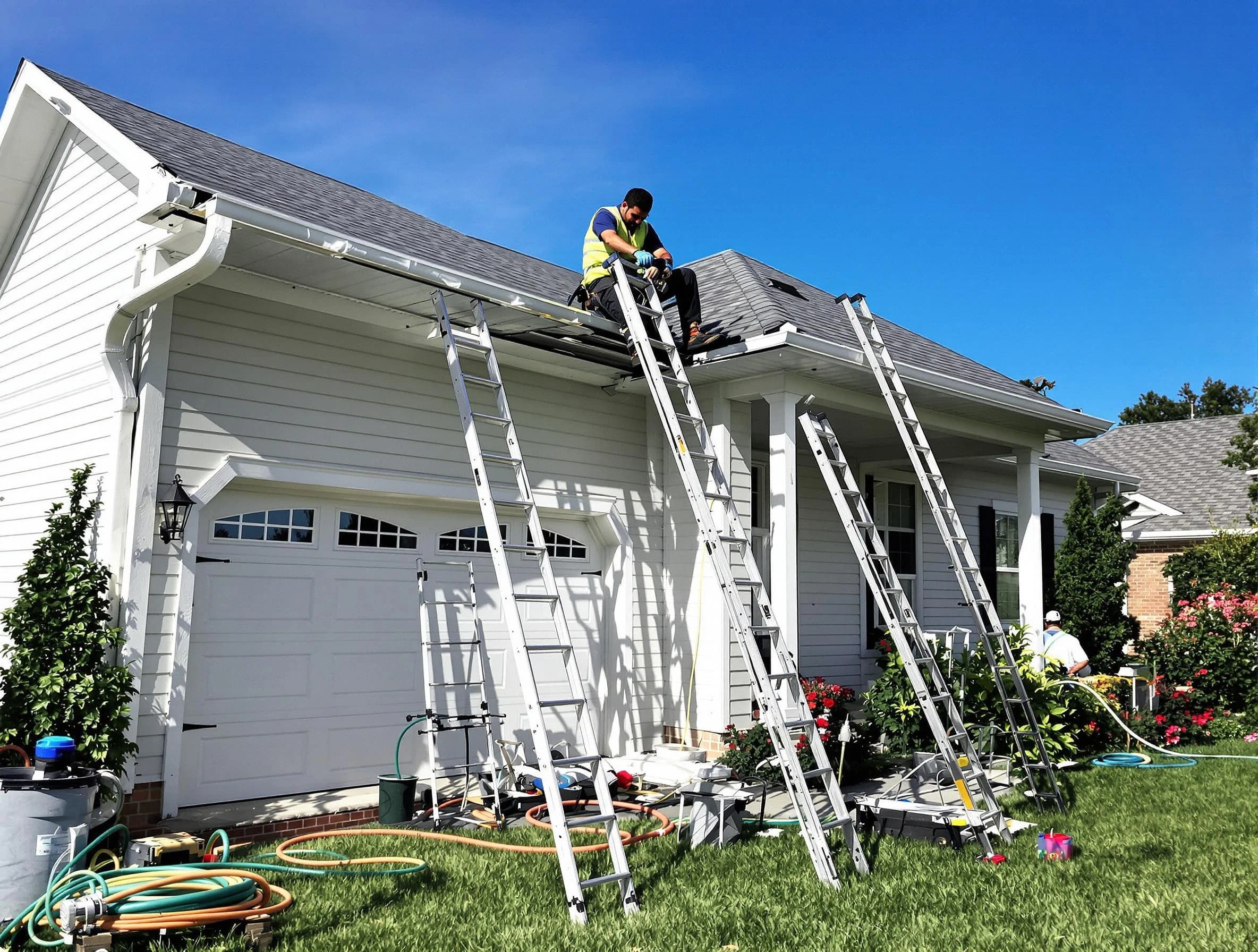 Removal of old gutters by Solon Roofing Company to install new system in Solon, OH