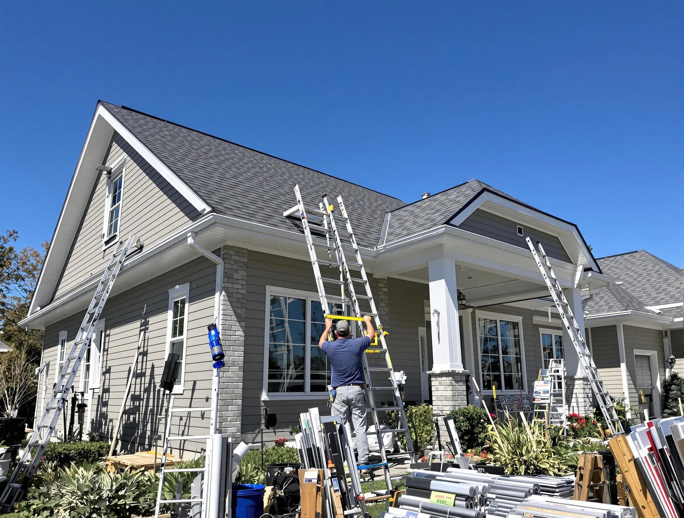 Solon Roofing Company fitting rain gutters at a home in Solon, OH